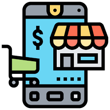 colored icon with an electronic device, with a cart and a store over it representing commerce and E-commerce.