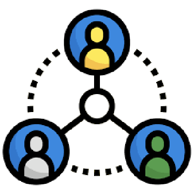 colored icon of the shape of 3 people within each their own circles linked together by a small circle in the middle of them which represents the web