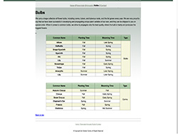 Zen Garden company's website bulbs page with table grid of types of bulbs available from Zen Garden in tones of  green and white