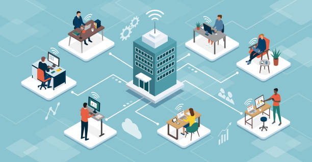 illustration of people working remotely connecte to a central building with wi-fi type antenna.