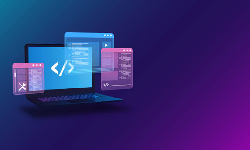laptop displaying futuristic code
web development, programming and code testing ui concept